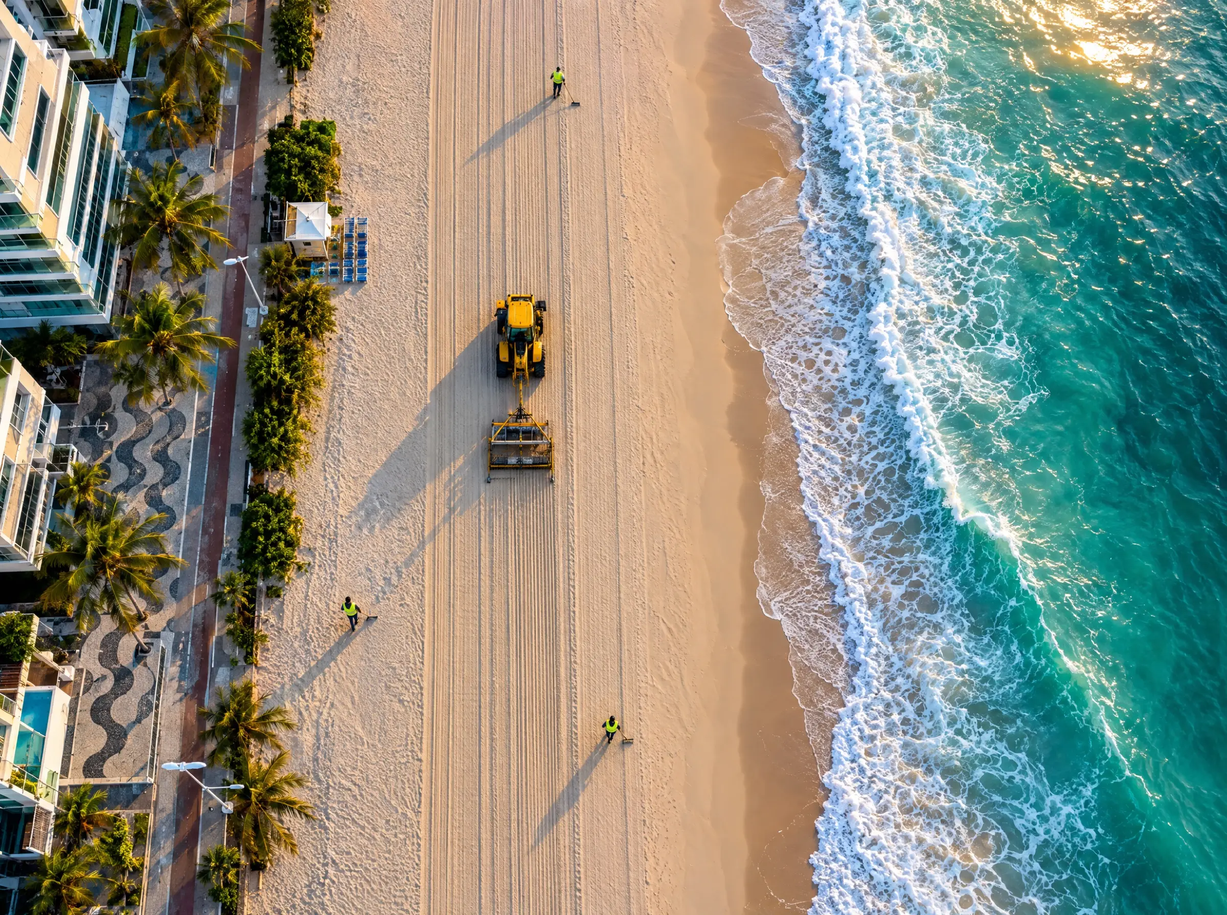 A beach-cleaning tractor and crew seen straight down on a city beach at sunrise